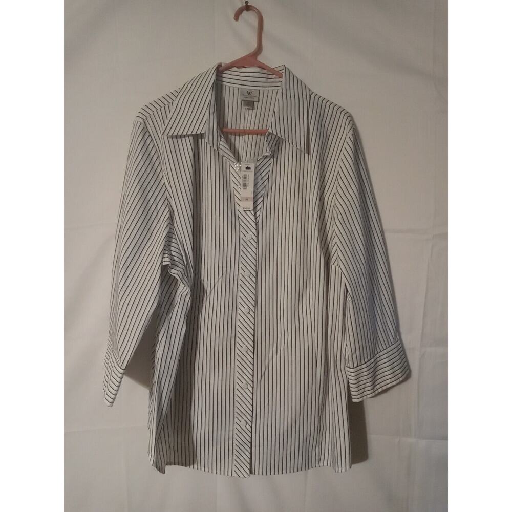 Worthington Stretch Womens Blouse Size 3X White Black Striped Long Sleeve NWT